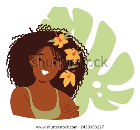 Striking Avatar Of A Black Woman Character, Her Gaze Captivating, Features Exquisitely Defined. Delicate Flowers Adorn Her Hair, Adding Touch Of Elegance And Grace. Cartoon People Vector Illustration