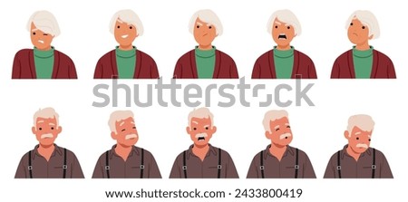 Old Man And Woman Face Expressions And Emotions. Male Or Female Grandparent Characters with Evil Smile. Aged People. Feel Angry And Sad, Yelling, Upset Or Sorrowful. Cartoon Vector Illustration