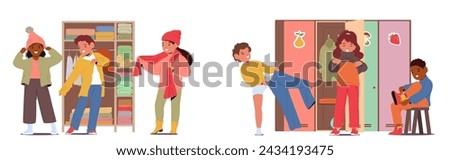 Children, Amidst Laughter And Chatter, Hurriedly Don Their Clothes Near Kindergarten Lockers or Wardrobe, Fumbling With Buttons And Zippers In The Morning Rush. Cartoon People Vector Illustration