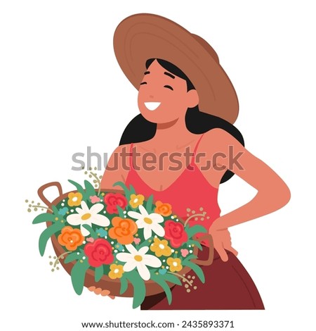 Woman Clutches A Basket Filled with Vibrant Flowers, Its Myriad Colors Complementing Her Joyful Expression on Serene, Smiling Face. Happy Female Character Posing. Cartoon People Vector Illustration