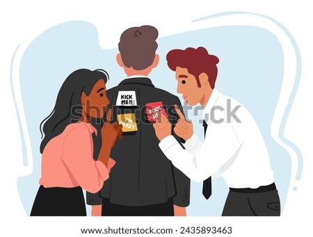 April Fools Day, Colleagues Characters Stealthily Covered A Man Back With Sticky Notes, Turning Him Into A Walking Message Board, Unbeknownst To Him. Cartoon People Vector Illustration