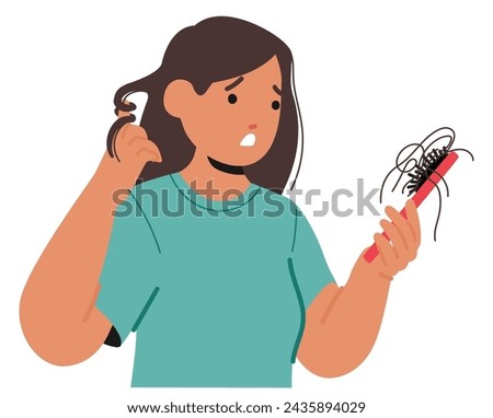 Young Woman With Hair Loss Problem Exhibits Thinning Strands, Looking on Comb with Fallen Hairs. Emotional Toll Is Evident In Eyes, Reflecting Resilience Amid Cosmetic Challenges. Vector Illustration