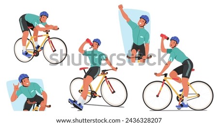 Sportsman Cyclist Character With Determination Etched On His Face, Rides His Bike, Drink Water, Relax, Raising A Fist Or Flashing A Victory Sign To Signify Triumph. Cartoon People Vector Illustration