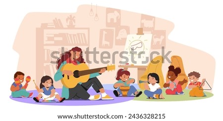 Children In A Music Class Sit on the Floor, Joyfully Exploring Various Instruments, like Drum, Xylophone, Maracas, Tambourine, Triangle And Flute, Guiding by a Teacher. Filling The Room With Melodies