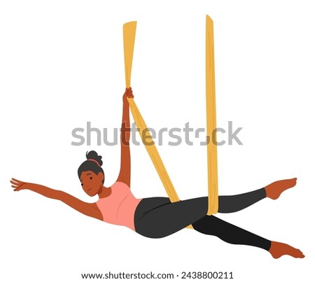 Supple Woman Character Suspended In A Hammock, Practicing Aerial Yoga With Fluidity. Her Body Twists And Extends, Embracing The Fabric, Creating A Harmonious Dance In Midair. Vector Illustration