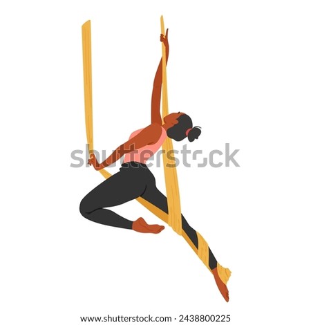 Svelte Woman Character Gracefully Balances In A Fabric Hammock, Her Body Curved In A Serene Pose, Suspended In Air, Blending Strength And Flexibility In Aerial Yoga. Cartoon People Vector Illustration