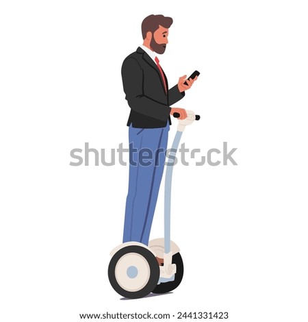 Businessman Character, Clad In A Tailored Suit, Smoothly Glides On A Segway, His Focus Split Between Navigating And A Deep Conversation On His Smartphone. Cartoon People Vector Illustration