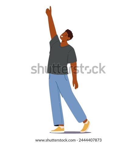 Black Man Character Gazes Upward, Eyes Filled With Curiosity And Wonder. Both Hands Raised, He Points Skyward, His Fingers Directing Attention To The Unseen Above. Cartoon People Vector Illustration