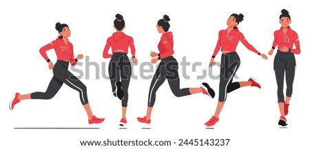 Young Girl Athlete Dashes Gracefully Side, Front and rear View. Sportswoman Character Sprints With Determination, The Rhythmic Thud Of Her Sneakers Echoing On Track. Cartoon People Vector Illustration