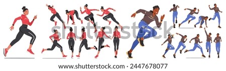 Young Man And Woman Runner Athlete Characters Stride, Their Bodies Angled Forward, Legs In Powerful Extension, Arms Pumping Rhythmically, Faces Determined And Focused. Cartoon Vector Illustration, Set