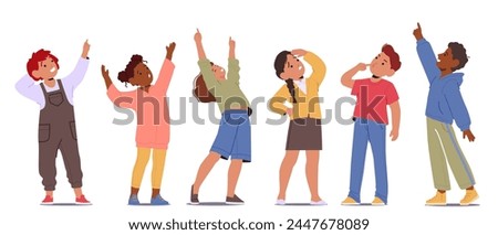 Group Of Kids Characters, Eyes Wide With Wonder, Point Upwards, Their Fingers Directed At The Sky, As If Trying To Touch The Mysteries Hidden In The Clouds Above. Cartoon People Vector Illustration