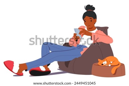 Woman Sits Comfortably In An Armchair, Engrossed In Her Mobile Device, Browsing And Shopping With Focused Attention. Black Young Female Character Using Gadget. Cartoon People Vector Illustration