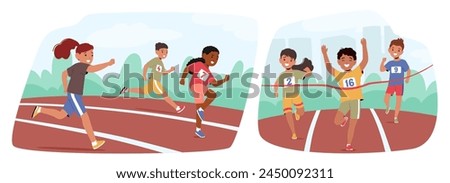 Children Characters Dash Across The Stadium Track, Their Laughter Echoing As They Race Towards The Finish Line, Fueled By Youthful Energy And Boundless Enthusiasm. Cartoon People Vector Illustration