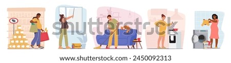 Pregnant Women Characters Engage In Household Activities Such As Cooking, Cleaning, Shopping And Nesting, Prioritizing Tasks While Ensuring Their Comfort And Wellbeing. Cartoon Vector Illustration