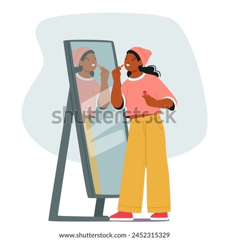 Black Teenage Girl Character Stands Before Her Mirror, Carefully Applying Lipstick, Her Reflection Illuminated By Soft Light, Focusing On Perfecting Her Pout. Cartoon People Vector Illustration