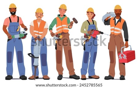 Construction Workers Male and Female Characters Stand in Row With Hammer, Drill, Toolbox, Grinder Tool and Wires, In Hand, Ready To Build And Shape The World. Cartoon People Vector Illustration