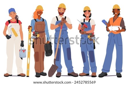 Construction Workers Team Male And Female Characters Stand In Row With Paint Bucket, Level, Shovel and Toolbox, Drill and Blueprints In Hand, Ready To Work. Cartoon People Vector Illustration