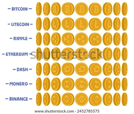 Cryptocurrencies Coins Cartoon Vector Set. Bitcoin, Litecoin, Ripple And Etherium. Dash, Monero Digital Or Binance Virtual Currencies Rotating or Spinning Animation Sprite Sheet or Sequence Frame