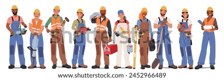 Construction Workers Male and Female Character Stand In A Row, Donned In Safety Gear, Holding Tools, Ready To Tackle Working Tasks With Determination And Teamwork. Cartoon People Vector Illustration