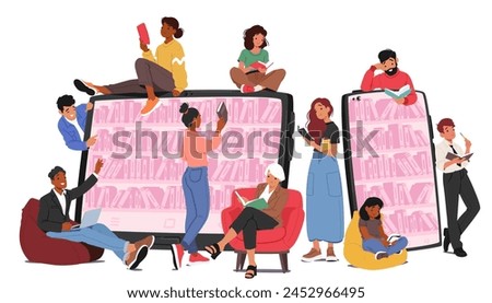 Tiny Characters Access Online Library Services To Explore Vast Collections Of Digital Books, Articles And Resources on Huge Device Screen With Internet Access. Cartoon People Vector Illustration