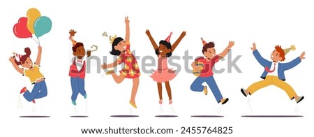 Group Of Children Characters Happily Jumping In The Air, Enjoying Each Others Company At A Birthday Party, Create A Lively Atmosphere Full Of Entertainment And Fun. Cartoon People Vector Illustration