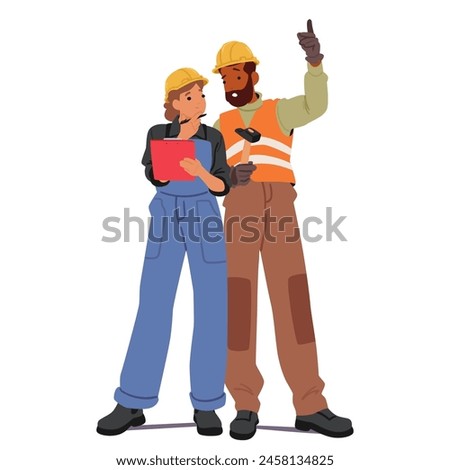 Male And Female Builder Characters In Hard Hats And Hi-vis Vests, Collaborating Over A Clipboard, Symbolizing Teamwork, Gender Diversity, And Professional Consultation In The Construction Industry