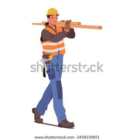 Construction Worker Character Wearing Hard Hat And High-visibility Jacket, Carrying Wooden Planks. Character Preparing Materials For Renovation Projects on Building Site. Cartoon Vector Illustration