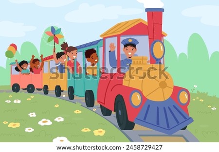 Cheerful Children Wave And Enjoy Colorful Train Ride Through A Vibrant Park, With A Friendly Conductor At The Helm, Balloons Aloft, And Daisies Dotting The Green Landscape. Cartoon Vector Illustration