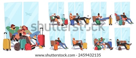 Set of People Characters Sprawl Across Seats In Airport Terminal Waiting Area, Slumped Against Luggage, Seeking Rest, Their Dreams Drifting Amidst The Hum Of Departure. Cartoon Vector Illustration