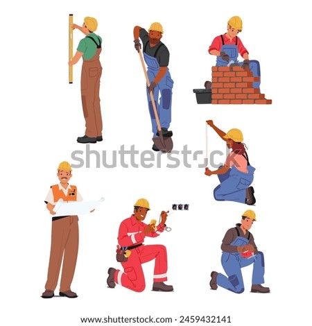 Collection Of Construction Workers Engaged In Various Activities. Surveying, Shoveling, Bricklaying, Blueprint Reading, Wiring, And Measuring. Diverse And Skilled Laborers In Safety Gear On The Job