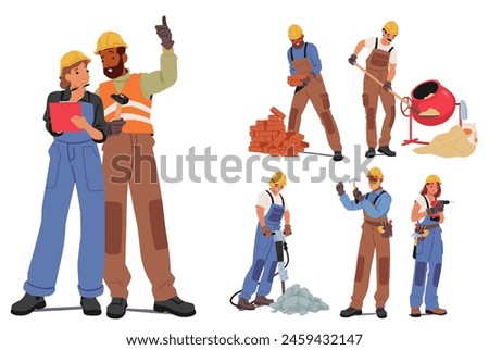 Diverse Group Of Construction Workers In Hardhats And Overalls Use Various Tools Like Hammers, Drills And Shovels. Cartoon Vector Illustration Represents Teamwork, Manual Labor And The Building Trades