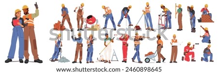 Diverse Group Of Builders Engaged In Construction Activities, Planning, Bricklaying, Painting, And Using Various Tools, Highlighting Teamwork And Skill In Building Trade. Cartoon Vector Illustration