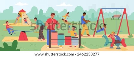 Fathers And Their Children Happily Engaged In Various Activities At Local Playground. Dads Interacting With Their Kids, Pushing Swings And Supervising Play, Amidst A Backdrop Of Greenery And Cityscape