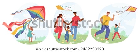 Multicultural Families Happily Engaging In Kite Flying In A Lush Park. Each Scene Captures The Joy And Bonding Experience Of Parents And Children. A Vibrant And Playful Cartoon Vector Illustration