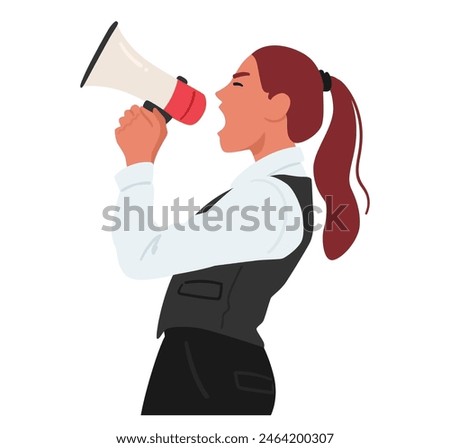 Strong Female Business Leader Character Uses A Megaphone To Make An Announcement. Cartoon Vector Illustration Captures Empowerment, Leadership, And Effective Communication In A Business Setting