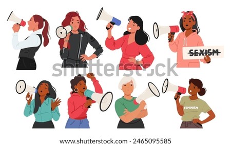 Diverse Women Using Megaphones And Holding Protest Signs. Young And Old Female Characters Advocate For Gender Equality, Expressing Youth Activism And Empowerment. Cartoon People Vector Illustration