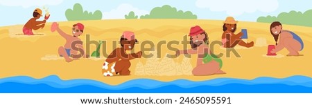 Diverse Children Characters Engage In Joyful Beach Activities, Building Sand Castles And Playing With Sand Toys On A Sunny Day, Capturing The Essence Of Summer Fun And Childhood Adventures, Vector