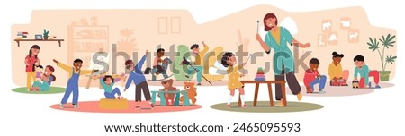 Diverse Group Of Children Engaged In Playful Activities Under The Supervision Of Teacher In A Cheerful Kindergarten Classroom. Kids Painting, Reading, Playing With Toys, And Enjoying Group Activities.