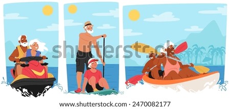 Happy Elderly Couples Enjoying Outdoor Adventures On A Sunny Day. Old Male and Female Characters Feature Jet Skiing, Paddle Board And Kayaking Activities By The Sea. Cartoon People Vector Illustration