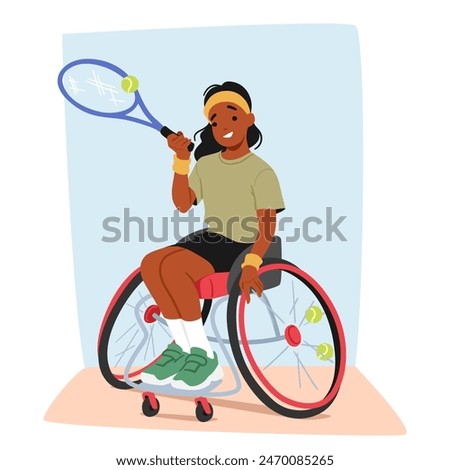 Young African American Girl In A Sports Wheelchair, Actively Engaging In A Tennis Game, With A Tennis Racket In Hand She Exemplifies Determination And Joy. Inclusion And Adaptive Sports Vector Concept