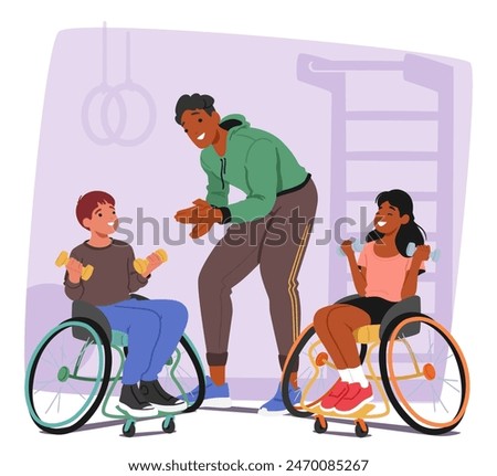 Inclusive Fitness Session Featuring A Young Coach And Two Children In Wheelchairs Lifting Weights In A Gym. Children, Showcasing Joy And Determination, Participate Actively In Their Exercise Routine