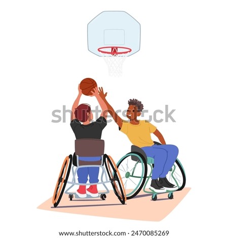 Two Young Athletes In Wheelchairs Play Basketball., Displaying Great Enthusiasm And Teamwork, They Represent Inclusivity And The Spirit Of Adaptive Sports, Joy And Competitiveness Of Basketball Game