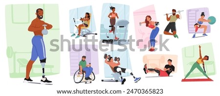 Vector Set of Diverse Disabled Characters Actively Participating In Various Gym Exercises And Fitness Routines, From Wheelchair Users Lifting Weights To Amputees Practicing Yoga And Using Treadmills