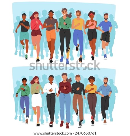 Group Of Young Adult People Engaging In Running And Walking Activities Front View. Cartoon Vector Image Showcases Diversity In Fitness And Style. Concepts Of Friendship, Wellness And Inclusivity