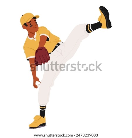 Baseball Player Male Character In Yellow And White Uniform Pitching A Ball With A Focused Expression. Player Is In Action, Showing Dynamic Movement And Athleticism. Cartoon People Vector Illustration