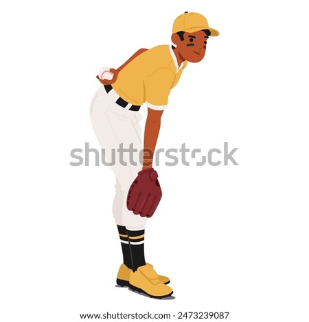 Focused Baseball Pitcher In Yellow Jersey And White Pants Holding A Ball. Athlete Is Poised, Showing Determination And Readiness, Wearing A Glove And Cap. Concept of Sports, Teamwork And Determination