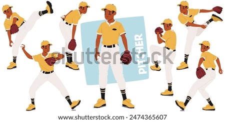 Set Of Baseball Pitcher Character In Different Pitching Positions, Demonstrating Form And Technique. Athlete Wears A Yellow Uniform And Cap, With Focus On The Baseball And Glove. Vector Illustration