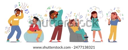 Group Of Happy Kids Enjoying Music Through Headphones And Singing Along. Kids Expressing Joy And Enthusiasm, Captured In Various Poses That Convey Movement And Excitement. Cartoon Vector Illustration