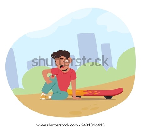 Cartoon Young Boy Crying After Falling Off His Skateboard In A Park With Cityscape Background. Character Sits On The Ground Holding His Injured Knee, Expressing Pain And Sadness. Vector Illustration