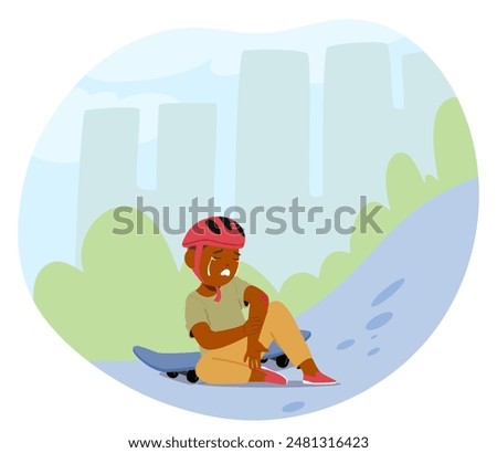 Cartoon Vector Illustration Of Young Kid Crying And Holding Injured Knee After Falling Off A Skateboard In An Urban Park Setting With Cityscape Background. Child Character Wearing A Helmet For Safety